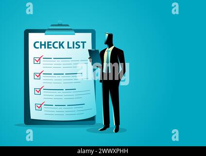 Businessman standing with check list icon, vector illustration, things to do Stock Vector