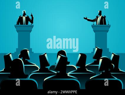 Vector illustration depicting two individuals engaged in a spirited debate on a podium, symbolizing the essence of dialogue, differing perspectives, a Stock Vector