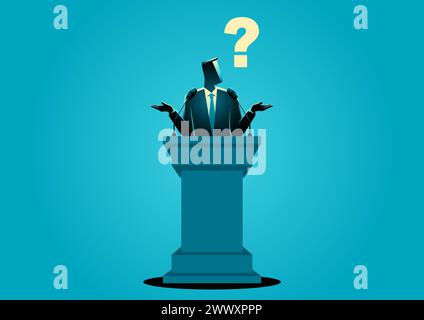 Man in a suit standing at a podium, with a big question mark above his head, symbolizing incompetence and indecision, challenges associated with leade Stock Vector