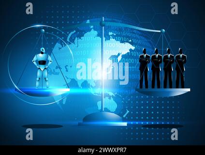 Robot symbolizes AI equal to group of businessmen, portraying potential for corporate revolution. Evokes discourse on automation's impact, and the Int Stock Vector