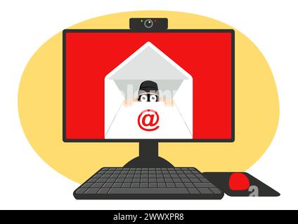 Funny cartoon of a thief peeping from the inside of an envelope, scam, phishing email concept Stock Vector