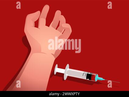 Illustration depicting a limp hand on the floor beside a syringe, awareness about the harsh realities of drug addiction. Stock Vector