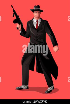 Illustration of a man holding machine gun, gangster, mobster, mafia theme, vector illustration Stock Vector