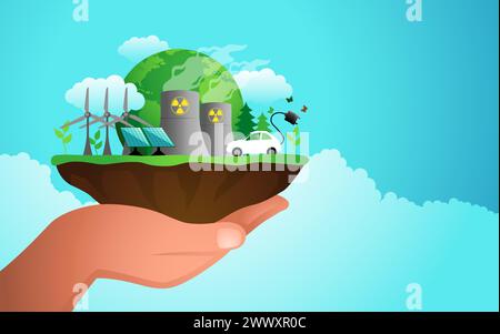 Hand holding a clump of soil with eco friendly green energy icon. Combines symbols of wind power, nuclear energy, and solar panels. Stock Vector