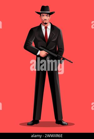 Vector illustration of of a man holding machine gun, gangster, mobster, mafia character Stock Vector