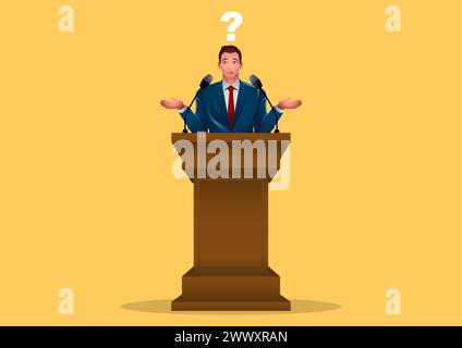 Man in a suit standing at a podium, with a question mark above his head, symbolizing incompetence and indecision, challenges associated with leadershi Stock Vector