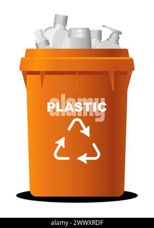 Eco consciousness image, recycle symbol orange trash bin full with plastic waste, the urgency of recycling and environmental stewardship Stock Vector