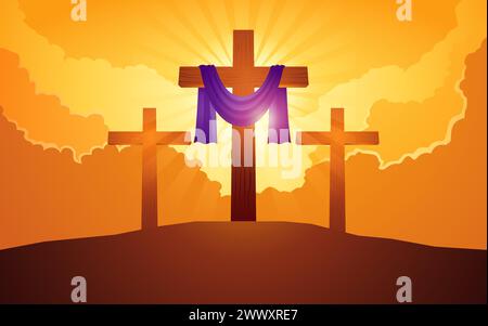 Biblical vector illustration series, wooden cross with purple sash on the hill with dramatic clouds background, for good friday, resurrection, easter, Stock Vector