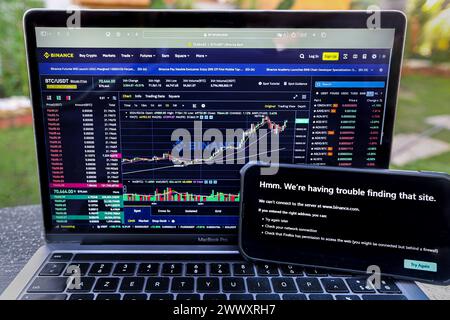 Manila, Philippines. Mar 26, 2024: Binance website still accessible (laptop) with web operator Converge but already banned by its competitor PLDT (phone). Securities & Exchange Commission(SEC) ordered Philippine internet service providers to block cryptocurrency giant Binance.com. National Telecommunications Commission(NTC) give them 5 days to implement the order. In 2017, Duterte admin had issued similar ban orders about popular adult websites. A censorship which didn't have expected result: since then, using VPN, the PH is always in Pornhub top countries. Credit: Kevin Izorce/Alamy Live News Stock Photo