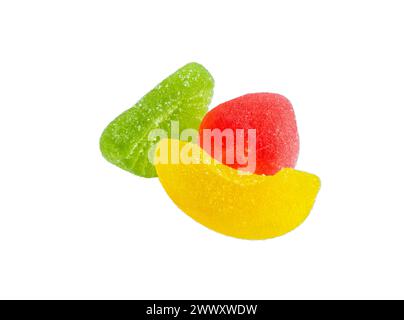 Jelly sugar candies isolated on white background. Jelly fruit sweets close up. Stock Photo