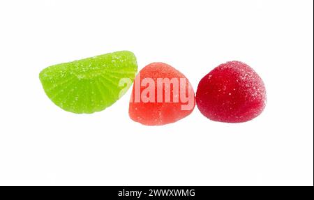 Jelly sugar candies isolated on white background. Jelly fruit sweets close up. Stock Photo