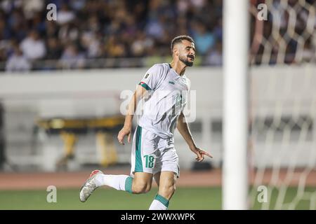 Manila, Philippines. 26th Mar, 2024. Aymen Hussein of Iraq celebrates after scoring a goal during the group F match of 2026 FIFA World Cup Asian qualifiers between the Philippines and Iraq in Manila, the Philippines, March 26, 2024. Credit: Rouelle Umali/Xinhua/Alamy Live News Stock Photo