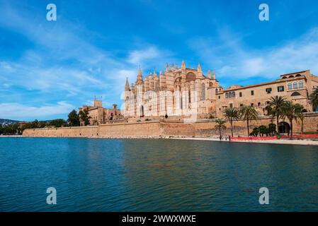 Parc de la Mar in front of Santa Maria Cathedral, La Seu, far left Almudaina Palace, Palma de Majorca, Majorca, Balearic Islands, Spain Stock Photo