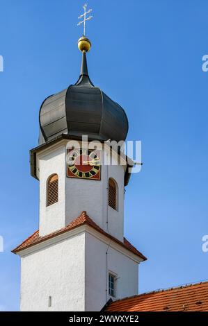 Onion church tower with clock, St. Leonhard branch church, Boerwang, Allgaeu, Swabia, Bavaria, Germany Stock Photo