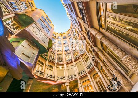 Inner courtyard, La Pedrera, Casa Mila, Barcelona, Catalonia, Spain Stock Photo