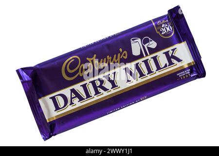 Bar of Cadbury's Dairy Milk milk chocolate bar isolated on white background - 1993 Cadbury Dairy Milk milk chocolate limited edition  200 year bar Stock Photo