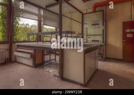 Abandoned laboratory with broken glassware and scattered objects, Institute of Molecular Biology, Lost Place, Sint-Genesius-Rode, Province of Flemish Stock Photo