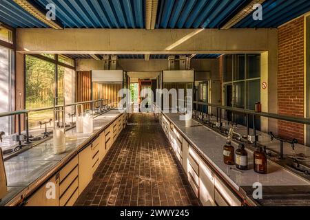 A large abandoned laboratory with numerous empty tables and glass bottles on them, Institute of Molecular Biology, Lost Place, Sint-Genesius-Rode Stock Photo