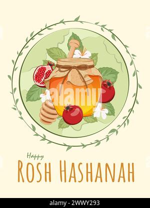 Rosh Hashanah Poster Design with a Jar of Honey, Apple and Pomegranate. Jewish New Year Template Stock Vector