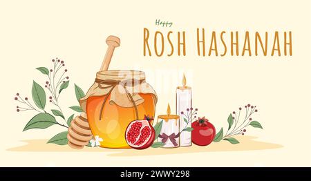 Rosh Hashanah Poster Design with a Jar of Honey, Apple and Pomegranate. Jewish New Year Template Stock Vector