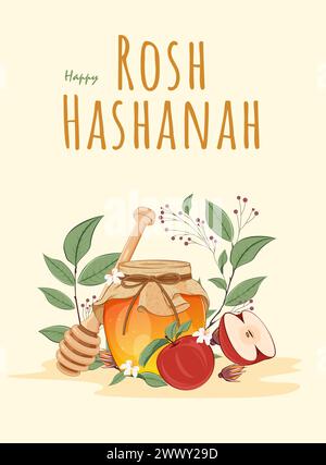 Rosh Hashanah Poster Design with a Jar of Honey, Apple and Pomegranate. Jewish New Year Template Stock Vector