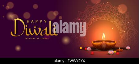 Happy Diwali Poster with Diya Lamp and Peacock Vector Illustration. Indian festival of lights Design. Suitable for Greeting Card, Banner, Flyer, Templ Stock Vector