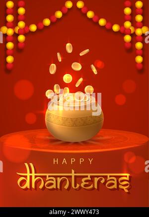 Happy Dhanteras Poster Design Vector Illustration. Illustration of Gold Coin in Pot. Suitable for Greeting Card, Banner, Flyer, Template. Stock Vector