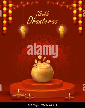 Happy Dhanteras Poster Design Vector Illustration. Illustration of Gold Coin in Pot. Suitable for Greeting Card, Banner, Flyer, Template. Stock Vector