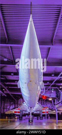 Streamlined underside of Concorde supersonic passenger jet aircraft in its hangar at Bristol Aerospace Museum at Filton Bristol UK Stock Photo