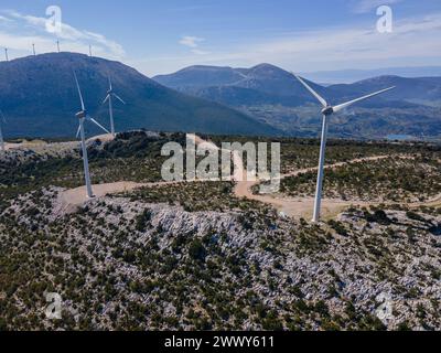 Wind turbines above Fanari village,Troizinia,Greece Stock Photo