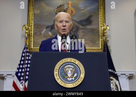 Washington, United States. 26th Mar, 2024. President Joe Biden delivers remarks on the collapse of the Francis Scott Key Bridge in Baltimore from the Roosevelt Room of the White House on March 26, 2024 in Washington, DC The 4-lane bridge collapsed into the Patapsco River after cargo ship collided with the bridge over night. Multiple vehicles were on the bridge when it collapsed and 6 still remain unaccounted for. (Photo by Samuel Corum/Pool/ABACAPRESS.COM) Credit: Abaca Press/Alamy Live News Stock Photo