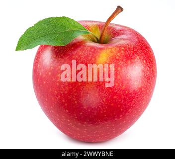 Ripe red apple with green leaf on white background. Stock Photo