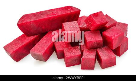 Raw red beetroot cubes isolated on white background. Stock Photo