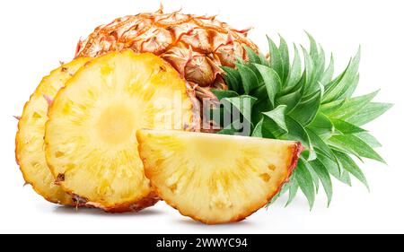 Ripe pineapple  and pineapple slices isolated on white background. File contains clipping path. Stock Photo