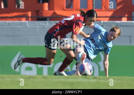 Nanako Sasaki (L) of Adelaide United and Cortnee Brooke Vine (R) of Sydney FC are seen in action during the Liberty A-League 2023-24 season round 21 match between Sydney FC and Adelaide United held at the Leichhardt Oval. Final score; Sydney FC 3:0 Adelaide United. Stock Photo