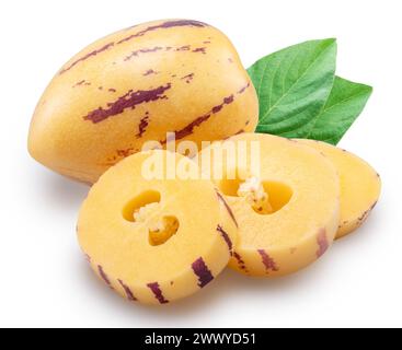 Pepino melon or pepino dulce and sliced fruit isolated on white background. Clipping path. Stock Photo