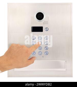 Person Using Security Access Control Keypad, Intercom. Stock Photo