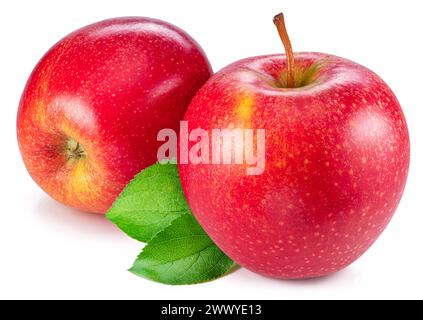 Two ripe red apples with green leaves isolated on white background. Stock Photo