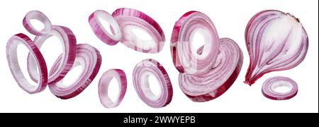 Red onion rings and onion slices isolated on a white background, clipping path. Organic food Stock Photo