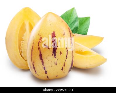 Pepino melon or pepino dulce and sliced fruit isolated on white background. Clipping path. Stock Photo