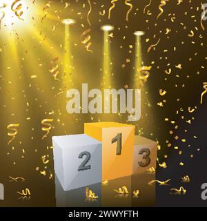 Winners podium with golden lights and confetti celebration, Vector Illustration Stock Vector