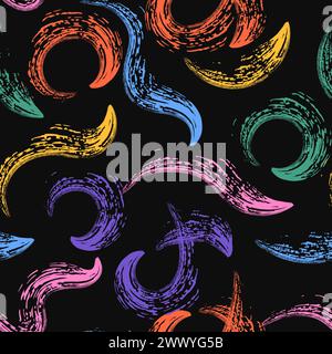 Seamless pattern with paint brush strokes vector collection. Hand drawn curved and wavy lines with grunge circles and squiggles. Chaotic ink brush scr Stock Vector