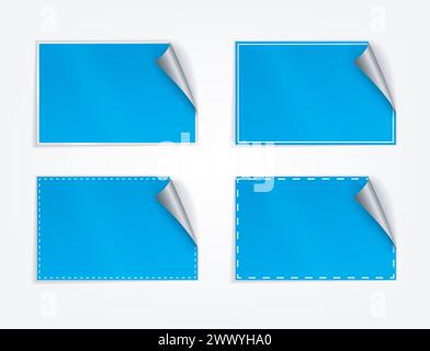 Blank Blue Rectangle Stickers With Curl Sets, Vector Illustration Stock Vector