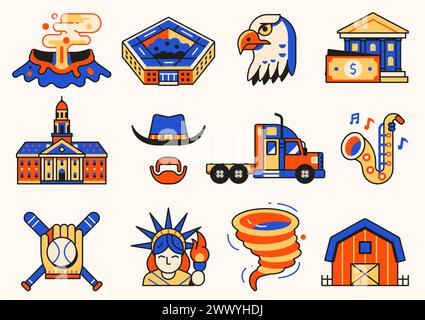 USA Icons and Design Elements in Line Art Stock Vector