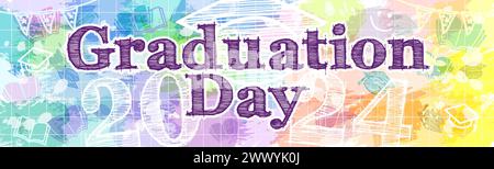 Graduation Day horizontal banner. Colorful backdrop and chalk drawing style graphic elements. Congratulations graduates 2024 wallpaper decoration. Cla Stock Vector