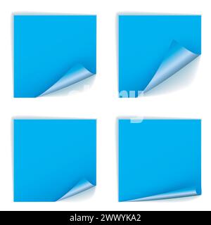 Blank Blue Square Stickers With Curl Sets, Vector Illustration Stock Vector