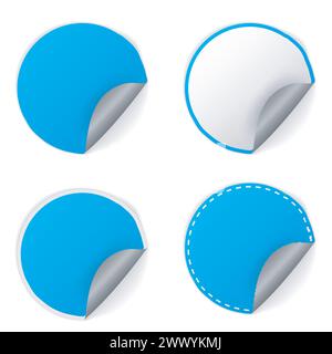Blank Blue Round Stickers With Curl Sets, Vector Illustration Stock Vector