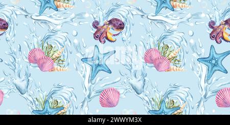 Watercolor seamless pattern with underwater life objects - seashells, starfish and octopus . Hand drawn isolated on white background. For textile, fab Stock Photo