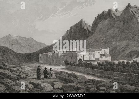 Saint Catherine's Monastery. Located at the foot of Mount Sinai. Engraving by Ransonnette. 'La Tierra Santa y los lugares recorridos por los profetas, por los apóstoles y por los cruzados' (The Holy Land and the sites traversed by the prophets, by the apostles and by the crusaders). Published in Barcelona by the printing house of Joaquin Verdaguer, 1840. Stock Photo