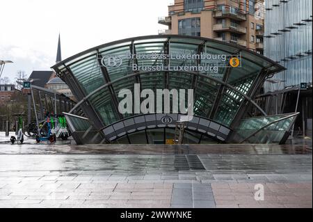 Brussels, Belgium, March 15, 2024 - Monumental entrance of the Brussels Luxembourg railway station Stock Photo